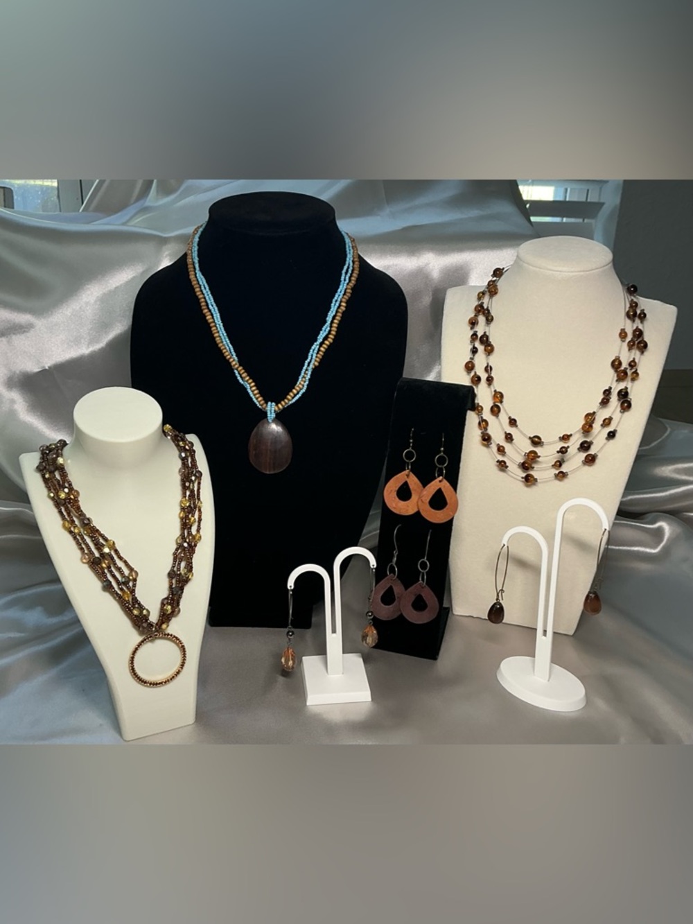 Handmade Turquoise & Wood Bead Necklacet with Dark Wood Pendant